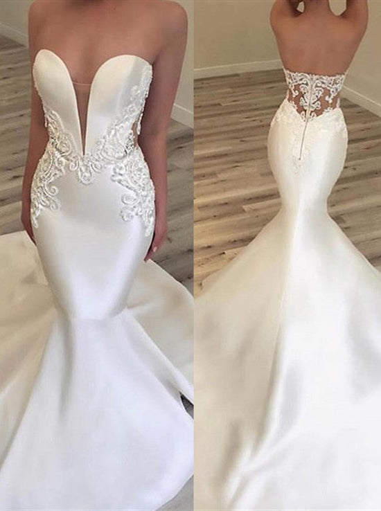 Fashionable V Neck Mermaid Appliques Wedding Dress | Sleeveless Lace Zipper Bridal Gown On Sale