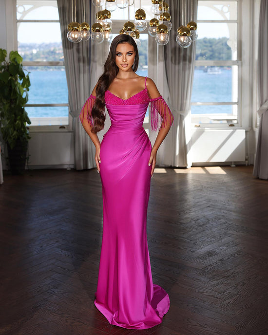 Fuchsia Evening Dress with Spaghetti Strap Pleated Tassel and Sequins