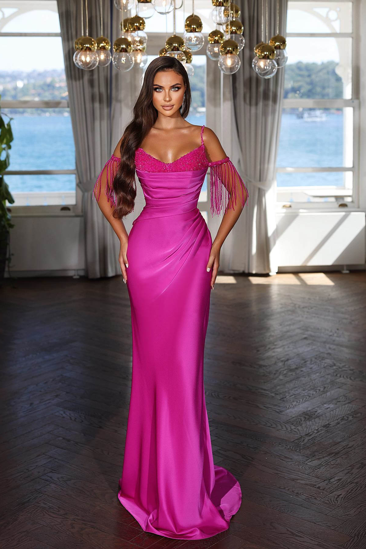 Fuchsia Evening Dress with Spaghetti Strap Pleated Tassel and Sequins