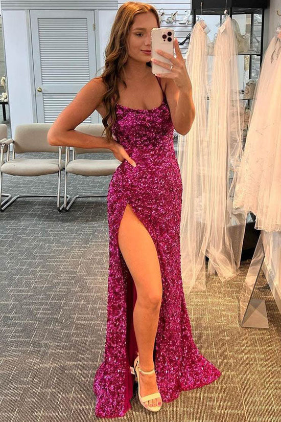 Load image into Gallery viewer, Fuchsia Sequins Long Prom Dress Side Slit Formal Dress WP435 winkbridal
