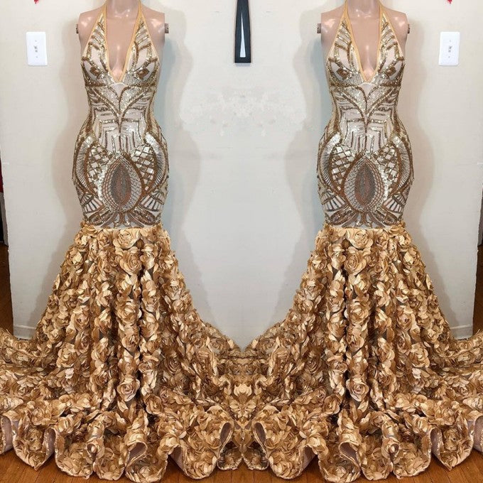 Glamorous Gold Sequins V-Neck Prom Dress | Mermaid Flowers Bottom Evening Gowns BC1764