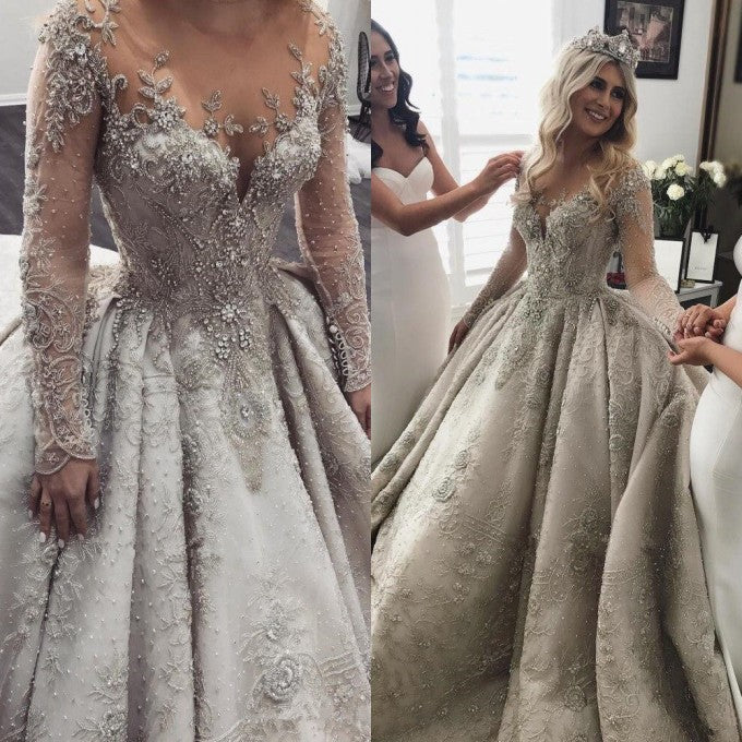 Glamorous Long Sleeve Ball Gown Wedding Dress | Crystal Appliques Bridal Gowns