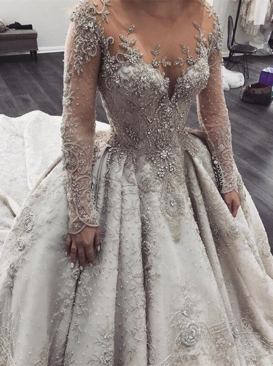 Glamorous Long Sleeve Ball Gown Wedding Dress | Crystal Appliques Bridal Gowns