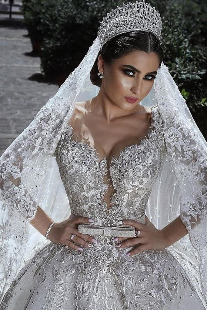 Glamorous Long Sleeve Ball Gown Wedding Dress | Lace Appliques Bridal Gowns On Sale
