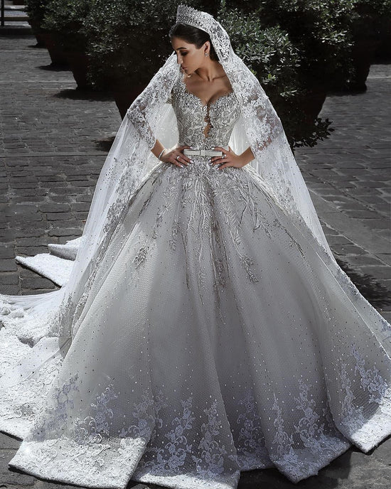 Glamorous Long Sleeve Ball Gown Wedding Dress | Lace Appliques Bridal Gowns On Sale