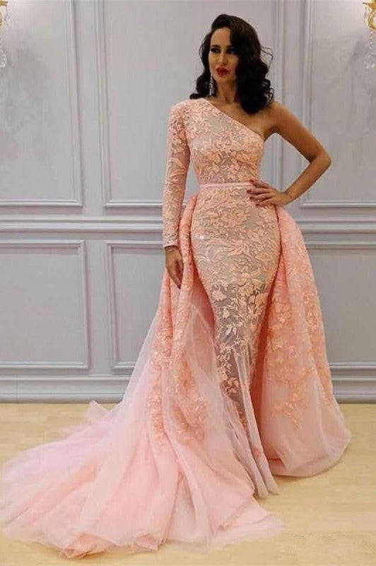Glamorous Long Sleeve Lace Evening Dresses | One Shoulder Mermaid Prom Dress Overskirt