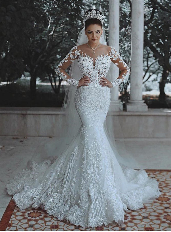 Glamorous Long Sleeve Lace Wedding Dress | Mermaid Bridal Gowns On Sale