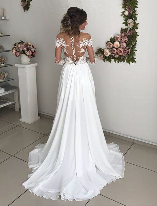 Glamorous Long Sleeve Lace Wedding Dresses | Chiffon Bridal Gowns With Slit BC0012