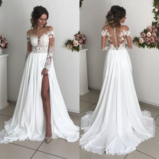 Glamorous Long Sleeve Lace Wedding Dresses | Chiffon Bridal Gowns With Slit BC0012