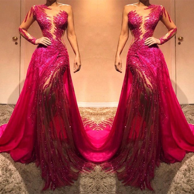 Glamorous Long Sleeve Sequins Prom Dresses | Long Sleeve Fuchsia Evening Gowns