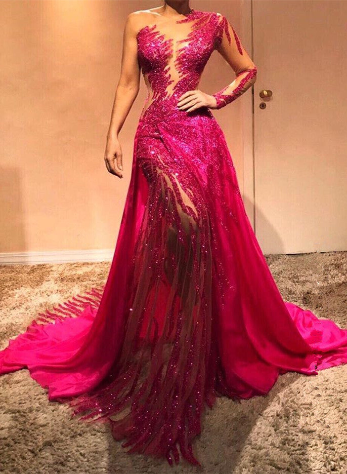 Glamorous Long Sleeve Sequins Prom Dresses | Long Sleeve Fuchsia Evening Gowns