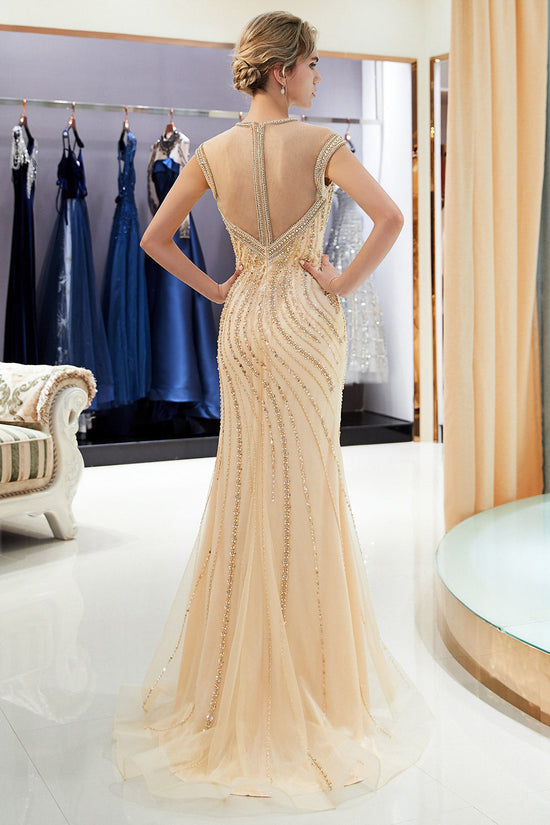 Glamorous Off-the-Shoulder Mermaid Gold Prom Dresses | 2021 Long Prom Gowns With Crystals
