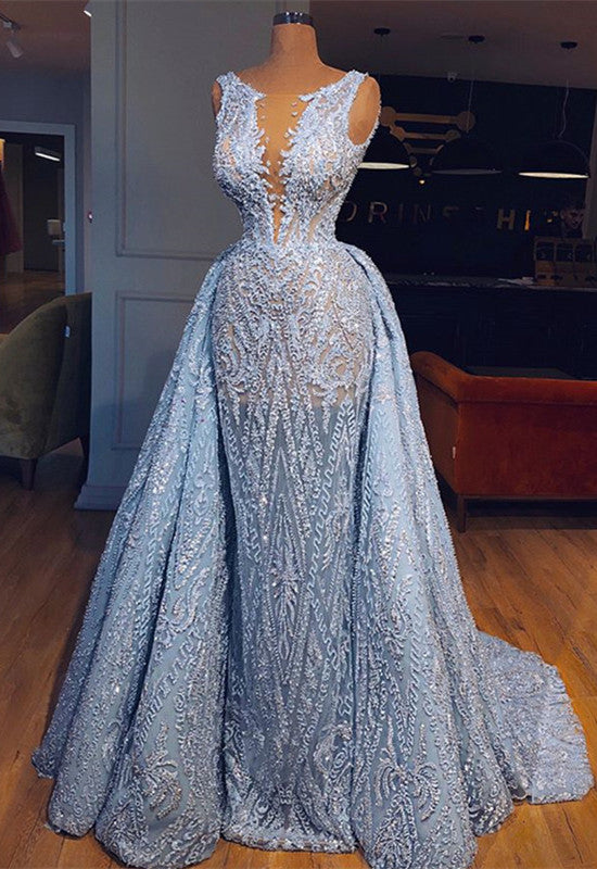Glamorous Sleeveless Blue Evening Dresses | Mermaid Ruffles Prom Gowns With Lace BC0373