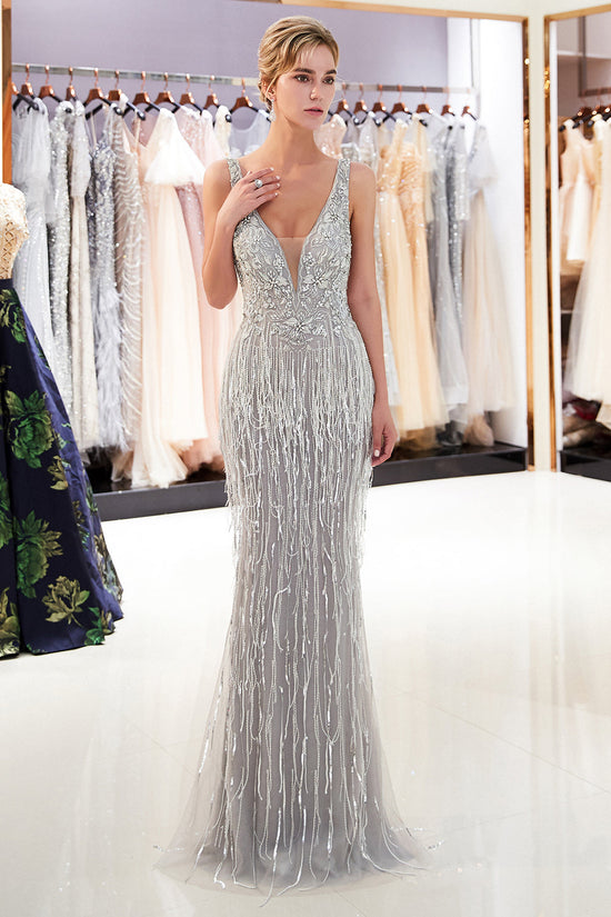 Glamorous V-Neck Sleeveless Mermaid Prom Dresses | Long Sequins Evening Gown With Tassels