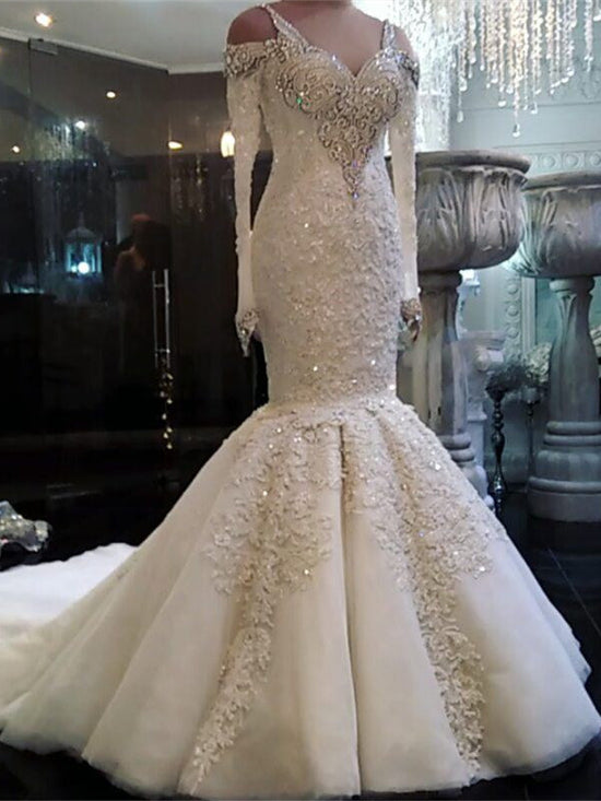Glamorous White Lace Mermaid Beads Wedding Dress | Long Sleeve Bridal Gown