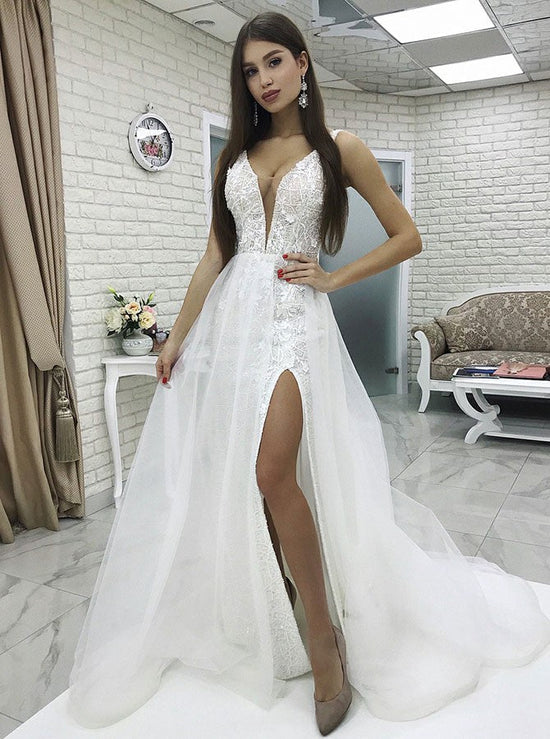 Glamorous White V-Neck Floor-Length Wedding Dress | Lace Appliques Front Split Tulle Bridal Gown