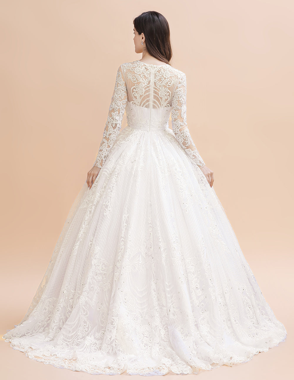 Glamous Ivory Long Sleeve Lace Appliques A-line Wedding Dress