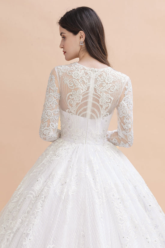 Glamous Ivory Long Sleeve Lace Appliques A-line Wedding Dress