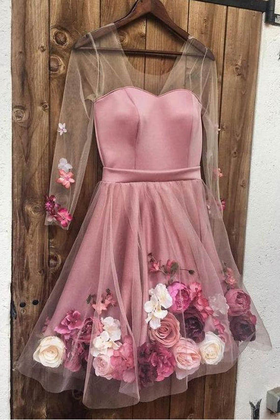 Gorgeous 3D Applique Long Sleeve Short Prom Dress V Neck Homecoming Dress