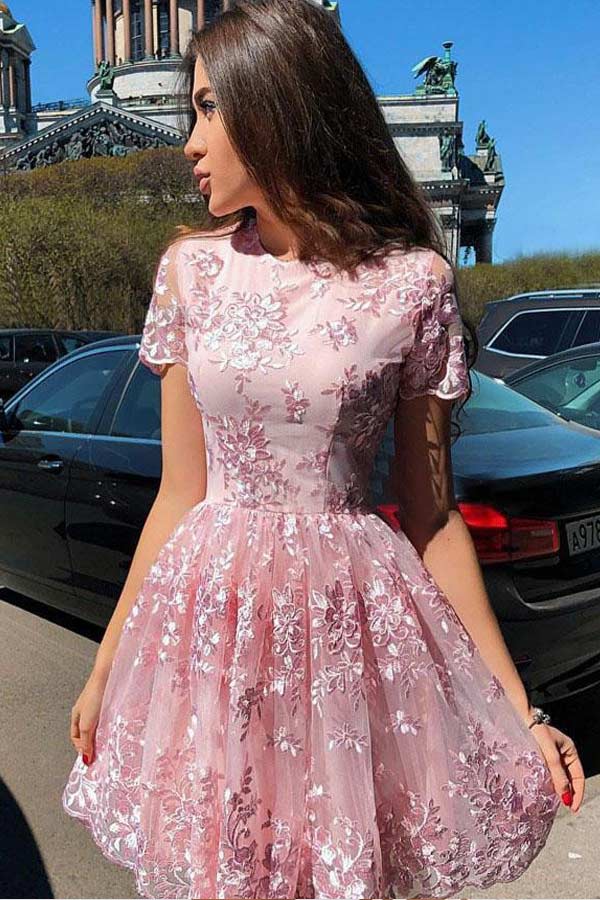 Gorgeous A Line Short Sleeve Lace Short Prom Dress Short Homecoming Dress