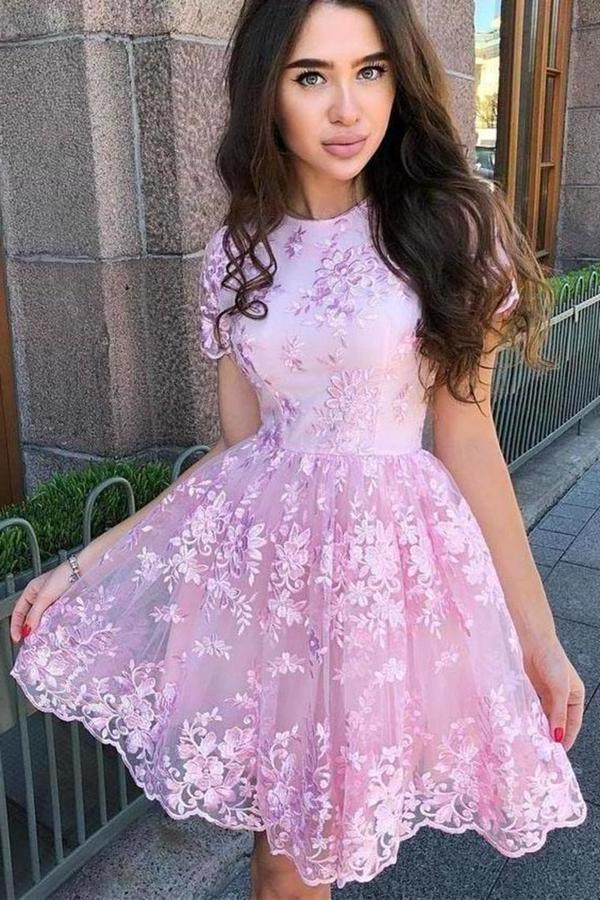 Gorgeous Short Sleeve Lace Short Prom Dress Homecoming Dress