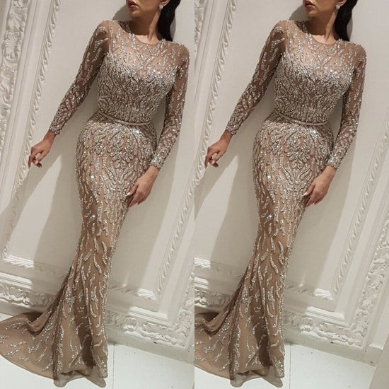 Gorgeous Crew Long Sleeves Evening Dress On Sale | Long Mermaid Sequins Prom Gowns BC0704