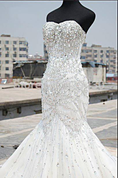 Gorgeous Crystals Mermaid Tulle Wedding Dress Sweetheart Sleeveless