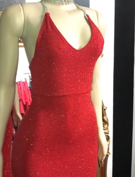 Gorgeous Glitter Sequins Prom Dresses | Mermaid Halter Red Evening Gowns BC1085