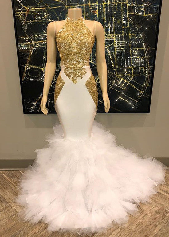 Gorgeous Halter Gold and White Prom Dress | Mermaid Long Evening Gowns BC1515