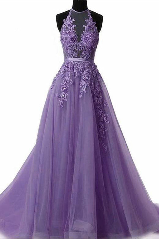 Gorgeous Halter Tulle Long Prom Dress With Lace Appliques