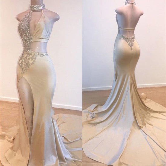 Gorgeous High-Neck V-Neck Mermaid Prom Dress | Long Slit Beadings Evening Gowns