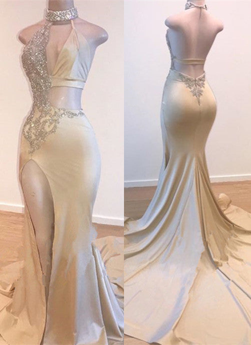 Gorgeous High-Neck V-Neck Mermaid Prom Dress | Long Slit Beadings Evening Gowns