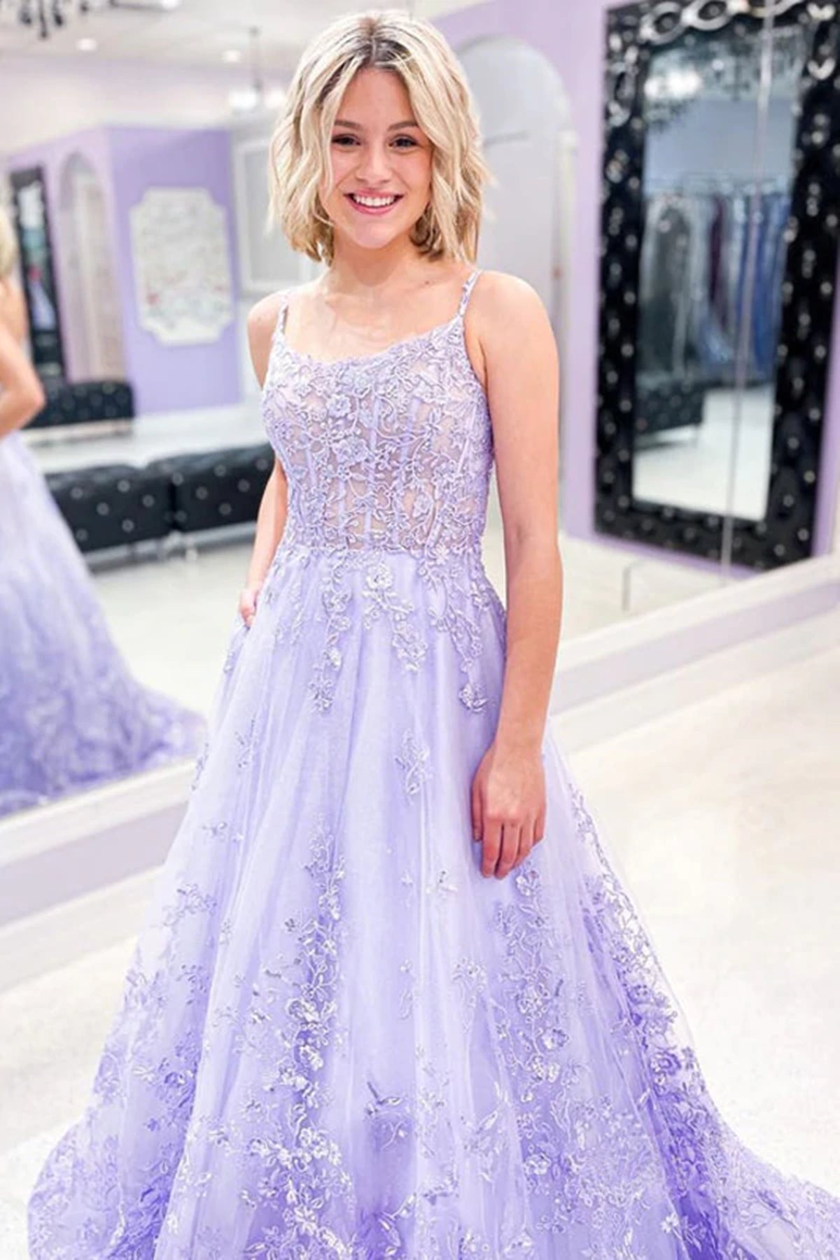 Gorgeous Lilac Lace Floral Long Prom Dresses, Lavender Lace Formal Evening Dresses with 3D Flowers 