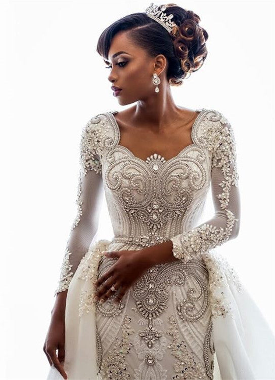 Gorgeous Long Sleeve Crystal Wedding Dresses | Mermaid Overskirt Lace Bridal Gowns BC0543