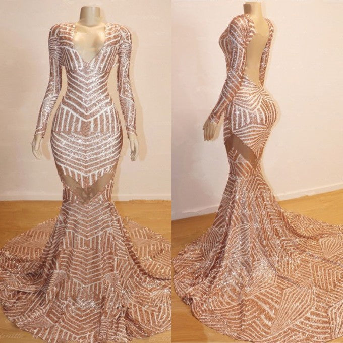 Gorgeous Long Sleeve V-Neck Prom Dresses | Mermaid Sequins Evening Gowns BC0841