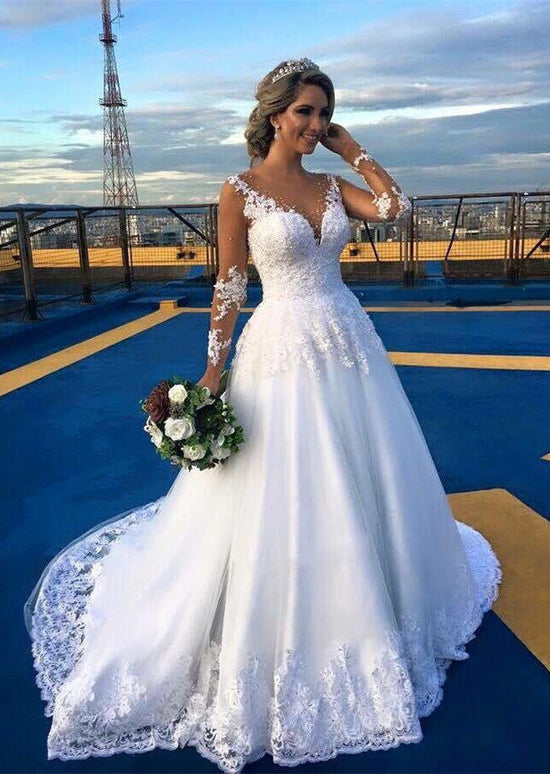 Gorgeous Long Sleeve V-Neck Wedding Dress Lace Appliques BA6360