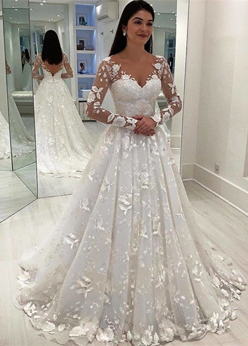 Gorgeous Long Sleeve Wedding Dresses | Appliques Long Bridal Gowns