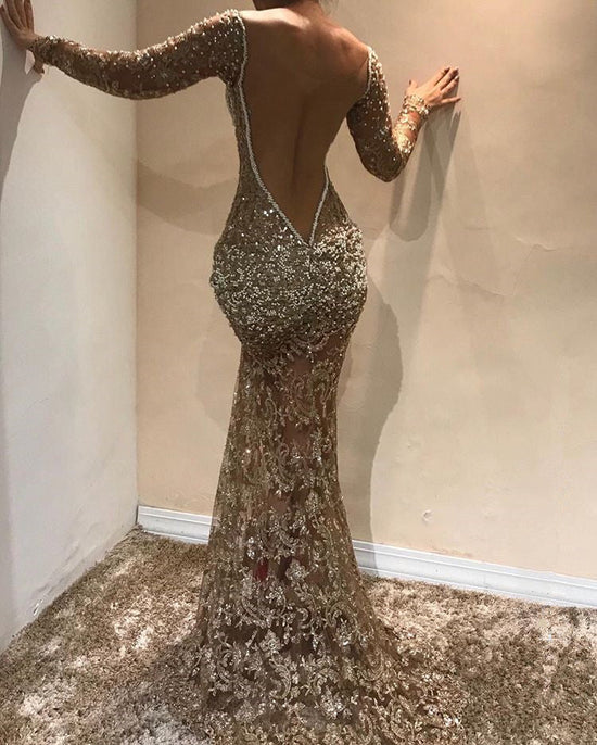 Gorgeous Long Sleeves Lace Appliques Prom Dresses | Mermaid V-Neck Evening Gowns BC0975
