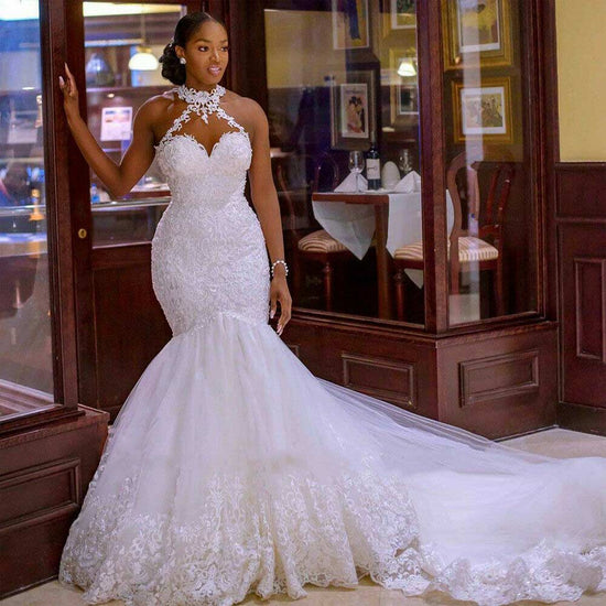 Gorgeous Mermaid Halter White Wedding Dress Beaded Bridal Gown