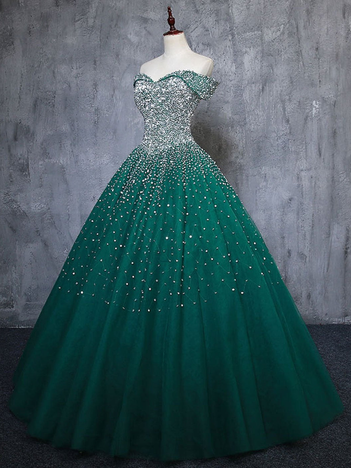 Gorgeous Off Shoulder Beaded Green Tulle Long Prom Dresses, Beaded Green Formal Evening Dresses, Beaded Ball Gown 