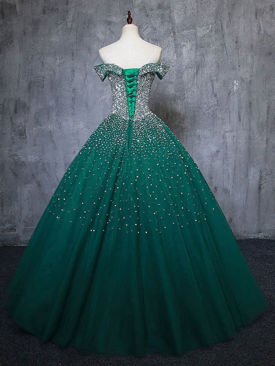 Gorgeous Off Shoulder Beaded Green Tulle Long Prom Dresses, Beaded Green Formal Evening Dresses, Beaded Ball Gown 