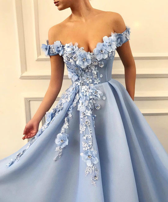 Gorgeous Off-the-Shoulder Blue Prom Dresses | Flowers Long Evening Gowns