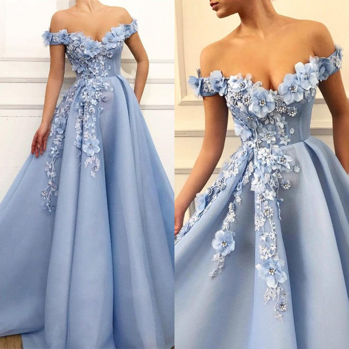 Gorgeous Off-the-Shoulder Blue Prom Dresses | Flowers Long Evening Gowns
