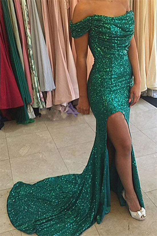 Gorgeous Off-the-shoulder Sequined Prom Dress Mermaid Front Split Sweep Train BA3611