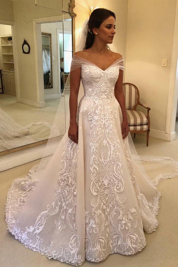 Gorgeous Off The Shoulder White Lace Wedding Dress With Sweep Train