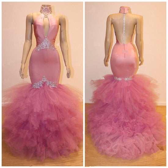 Gorgeous Pink Tulle Prom Dresses | Mermaid Crystal Evening Gowns BC1555