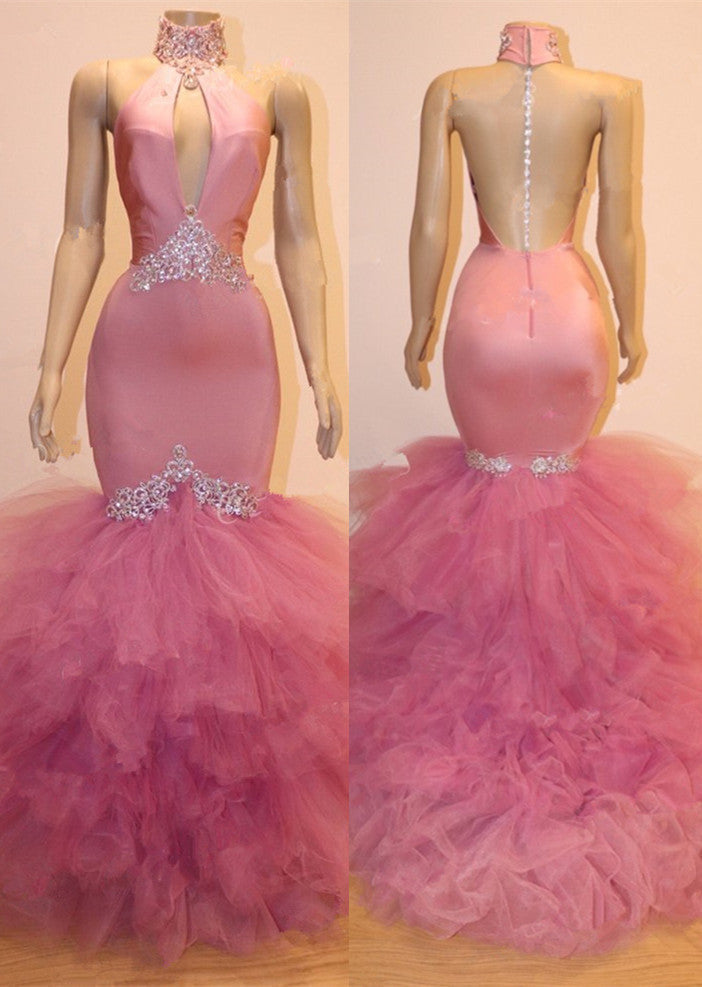 Gorgeous Pink Tulle Prom Dresses | Mermaid Crystal Evening Gowns BC1555