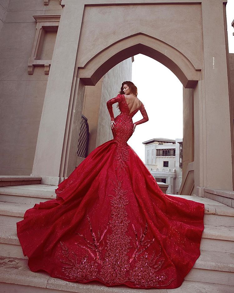 Gorgeous Red Long Sleeve Prom Dresses | Mermaid Lace Appliques Evening Gowns BC0669
