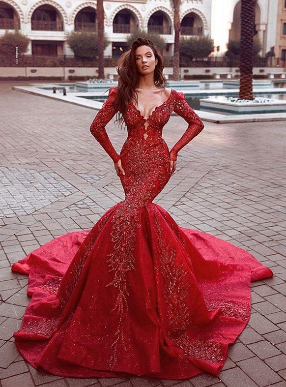 Gorgeous Red Long Sleeve Prom Dresses | Mermaid Lace Appliques Evening Gowns BC0669