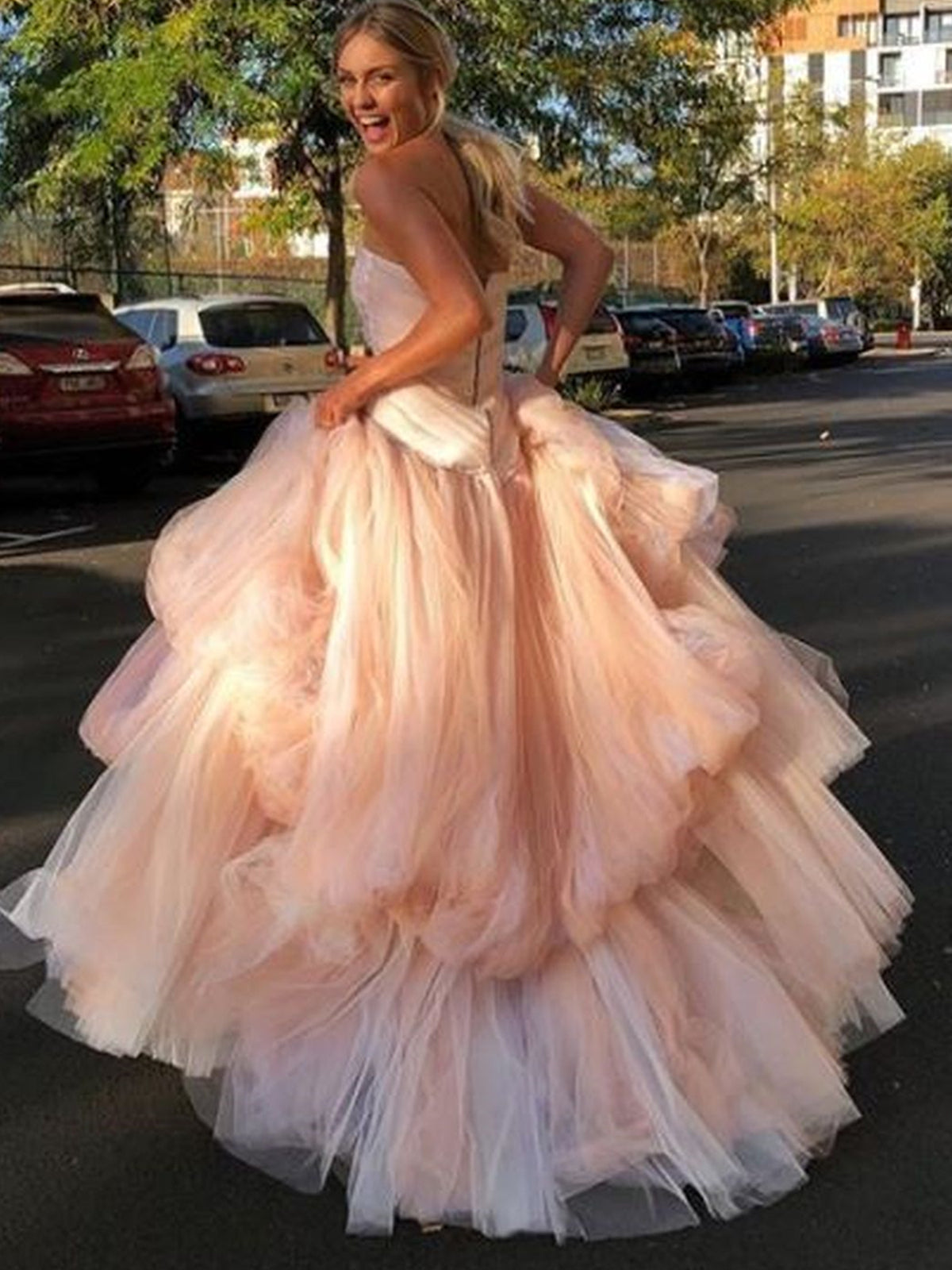 Gorgeous Strapless Layered Light Pink Tulle Long Prom Dresses, Light Pink Tulle Formal Graduation Evening Dresses 